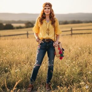 Matilda Jane Yellow Arrow Print Ruffle Sleeve Button Up‎ Tunic Top XS Boho Chic